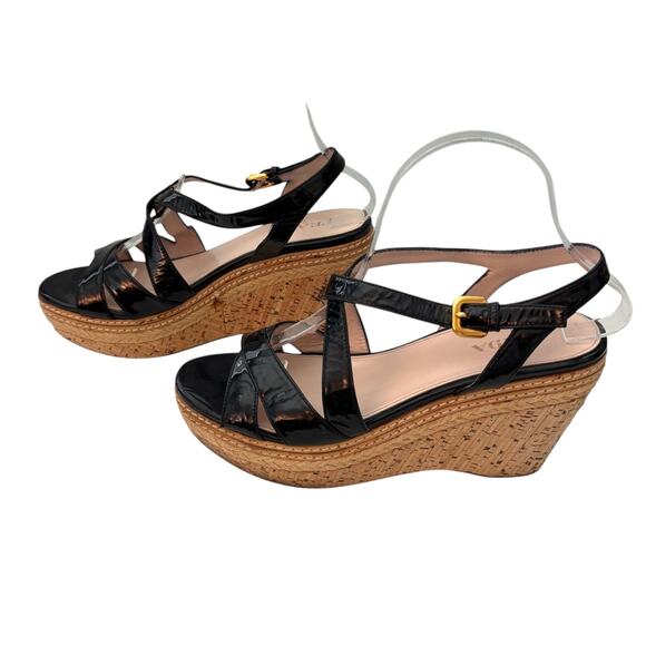 PRADA Vitello Shine Leather and Cork Espadrille Wedge Sandals Black Size 39 (9) - Picture 2 of 11